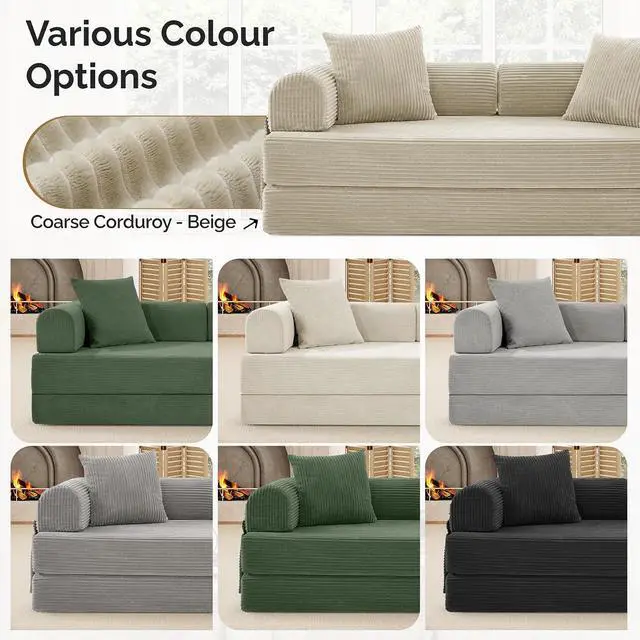Alt view image 6 of 7 - Convertible Coarser Corduroy Sleeper Sofa Bed with Cylindrical Pillow, Folding Mattress Couch with Fixed-Shape Frame, Floor Sofa Lounge Couch for Living Room Bedroom Lounge Studio, Beige