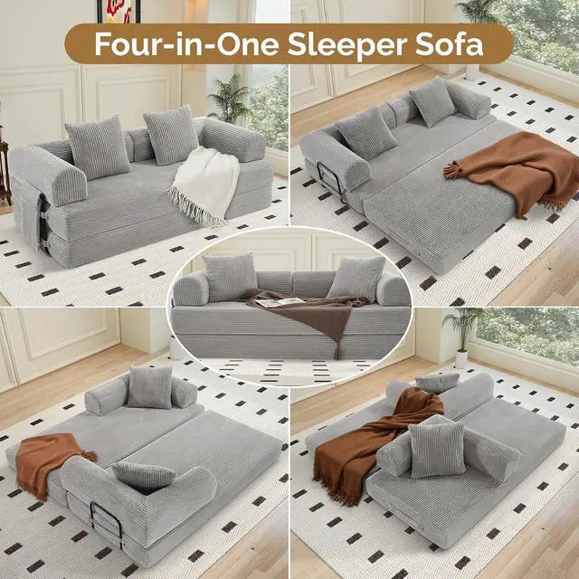Alt view image 5 of 7 - Convertible Coarser Corduroy Sleeper Sofa Bed with Cylindrical Pillow, Folding Mattress Couch with Fixed-Shape Frame, Floor Sofa Lounge Couch for Living Room Bedroom Lounge Studio, Grey