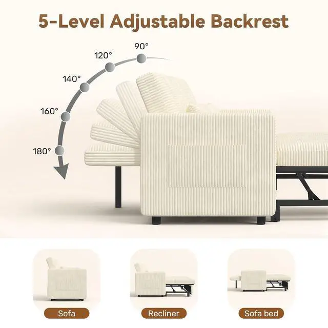 Alt view image 5 of 7 - Convertible Sofa Bed 3-in-1, Pull Out Sleeper Couch with Adjustable Backrest, Loveseat Sofa with Side Storage Pockets,Couch for Apartment, Office, Easy Assembly,Beige