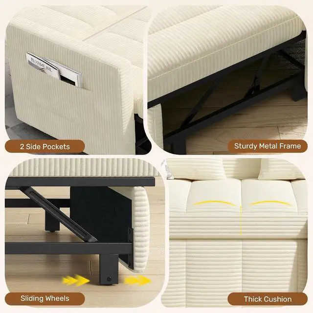 Alt view image 6 of 7 - Convertible Sofa Bed 3-in-1, Pull Out Sleeper Couch with Adjustable Backrest, Loveseat Sofa with Side Storage Pockets,Couch for Apartment, Office, Easy Assembly,Beige
