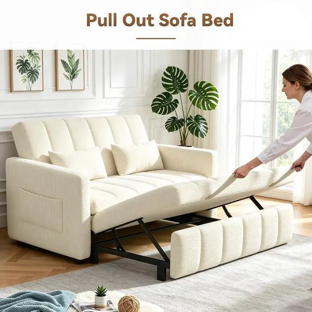 Alt view image 7 of 7 - Convertible Sofa Bed 3-in-1, Pull Out Sleeper Couch with Adjustable Backrest, Loveseat Sofa with Side Storage Pockets,Couch for Apartment, Office, Easy Assembly,Beige