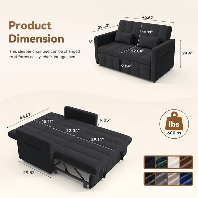 Alt view image 2 of 7 - Convertible Sofa Bed 3-in-1, Pull Out Sleeper Couch with Adjustable Backrest, Loveseat Sofa with Side Storage Pockets,Couch for Apartment, Office, Easy Assembly,Dark Gray