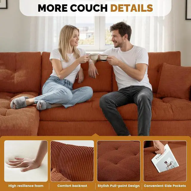 Alt view image 5 of 7 - 80" Boneless Loveseat Sofa, Cloud Couch with Layered Cushion, Small Couch Compressed Foam Sofa for Living Room, Apartment, Office, Reddish Brown Corduroy