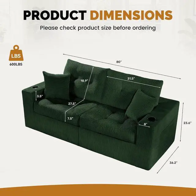 Alt view image 2 of 7 - 80" Boneless Loveseat Sofa, Cloud Couch with Layered Cushion, Small Couch Compressed Foam Sofa for Living Room, Apartment, Office, Green Corduroy