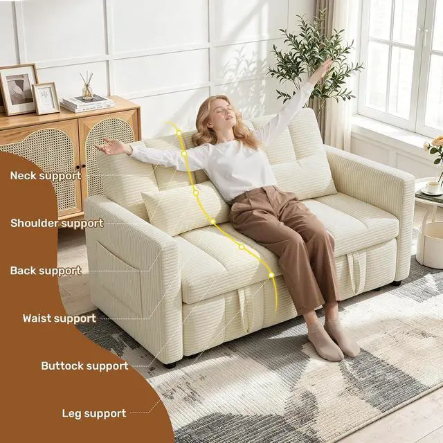 Alt view image 4 of 7 - Convertible Sofa Bed 3-in-1, Pull Out Sleeper Couch with Adjustable Backrest, Loveseat Sofa with Side Storage Pockets,Couch for Apartment, Office, Easy Assembly,Beige