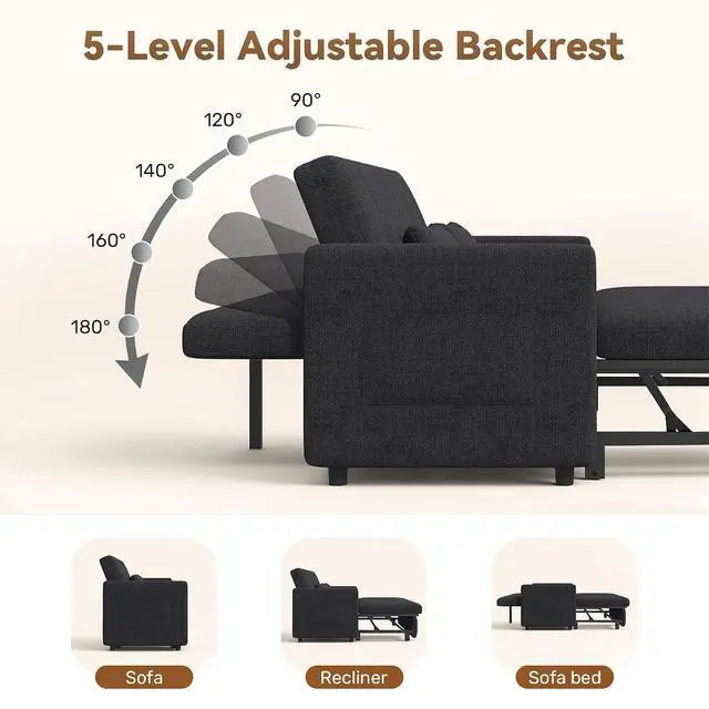 Alt view image 5 of 7 - Convertible Sofa Bed 3-in-1, Pull Out Sleeper Couch with Adjustable Backrest, Loveseat Sofa with Side Storage Pockets,Couch for Apartment, Office, Easy Assembly,Dark Gray