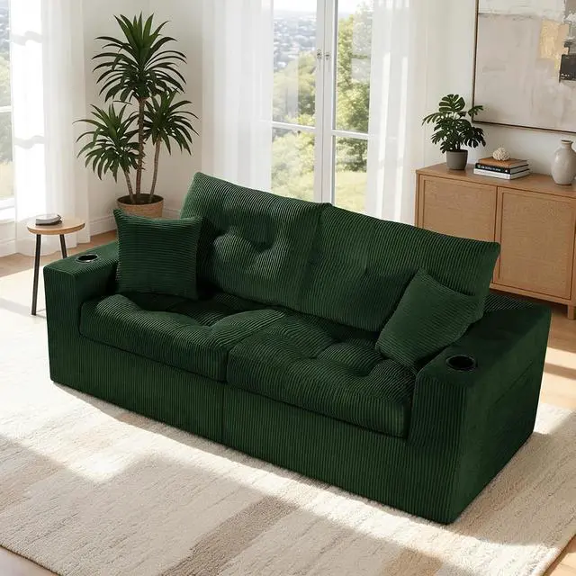 Alt view image 3 of 7 - 80" Boneless Loveseat Sofa, Cloud Couch with Layered Cushion, Small Couch Compressed Foam Sofa for Living Room, Apartment, Office, Green Corduroy
