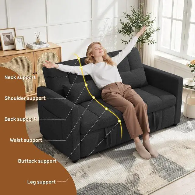 Alt view image 4 of 7 - Convertible Sofa Bed 3-in-1, Pull Out Sleeper Couch with Adjustable Backrest, Loveseat Sofa with Side Storage Pockets,Couch for Apartment, Office, Easy Assembly,Dark Gray