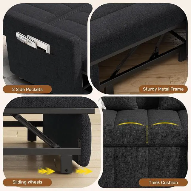 Alt view image 6 of 7 - Convertible Sofa Bed 3-in-1, Pull Out Sleeper Couch with Adjustable Backrest, Loveseat Sofa with Side Storage Pockets,Couch for Apartment, Office, Easy Assembly,Dark Gray