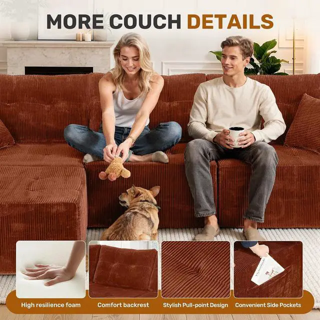 Alt view image 5 of 7 - 31'' Cloud Single Sofa with Ottoman, Modern Modular Sectional Sofa for Living Room, Apartment, No Assembly Needed, Reddish Brown Corduroy