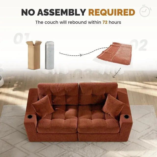 Alt view image 7 of 7 - 80" Boneless Loveseat Sofa, Cloud Couch with Layered Cushion, Small Couch Compressed Foam Sofa for Living Room, Apartment, Office, Reddish Brown Corduroy