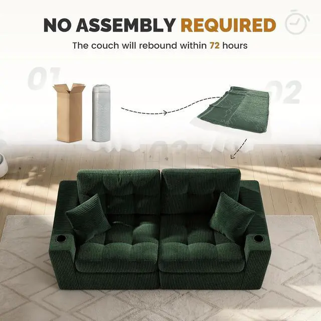 Alt view image 7 of 7 - 80" Boneless Loveseat Sofa, Cloud Couch with Layered Cushion, Small Couch Compressed Foam Sofa for Living Room, Apartment, Office, Green Corduroy