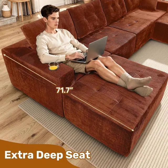 Alt view image 6 of 7 - 31'' Cloud Single Sofa with Ottoman, Modern Modular Sectional Sofa for Living Room, Apartment, No Assembly Needed, Reddish Brown Corduroy