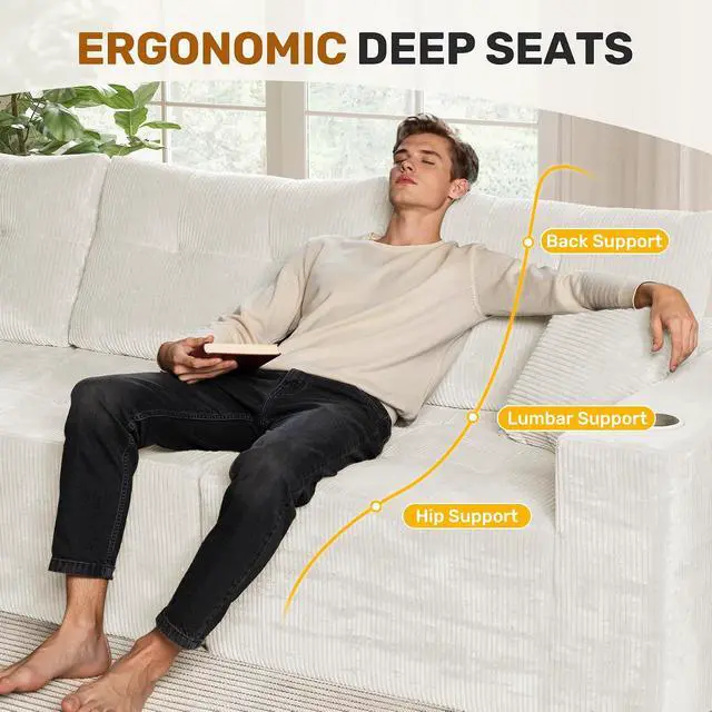 Alt view image 3 of 7 - 143" Modular Sectional Sofa for Living Room, Convertible U-Shape Couch with Ottoman, 6 Seater Modular Sectional Sofa,Beige Corduroy
