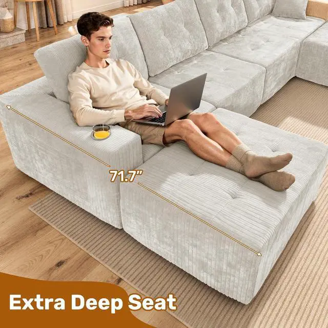 Alt view image 7 of 7 - 143" Modular Sectional Sofa for Living Room, Convertible U-Shape Couch with Ottoman, 6 Seater Modular Sectional Sofa,Beige Corduroy