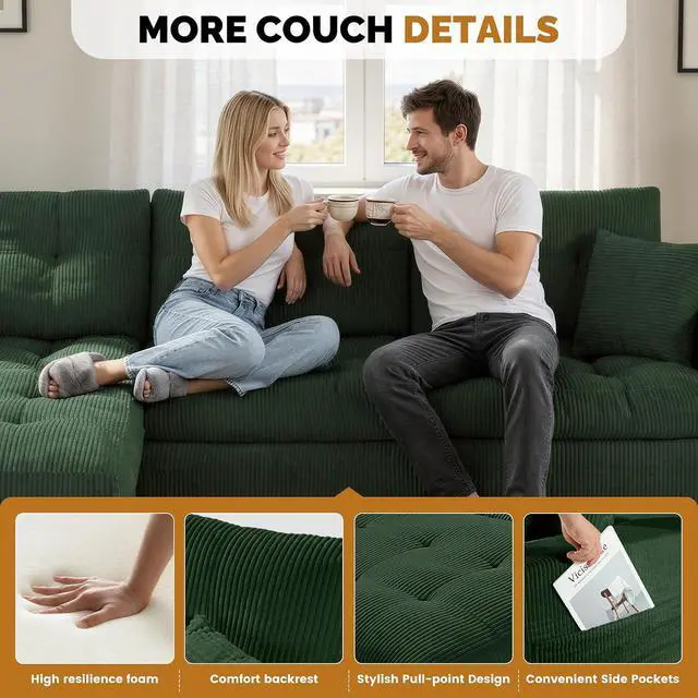 Alt view image 6 of 7 - 80" Boneless Loveseat Sofa, Cloud Couch with Layered Cushion, Small Couch Compressed Foam Sofa for Living Room, Apartment, Office, Green Corduroy