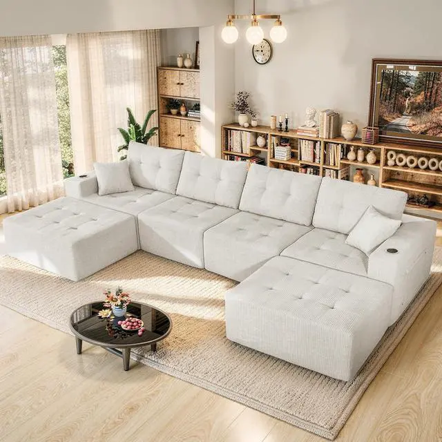Main image of 143" Modular Sectional Sofa for Living Room, Convertible U-Shape Couch with Ottoman, 6 Seater Modular Sectional Sofa,Beige Corduroy