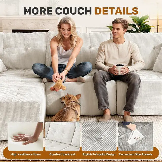 Alt view image 5 of 7 - 143" Modular Sectional Sofa for Living Room, Convertible U-Shape Couch with Ottoman, 6 Seater Modular Sectional Sofa,Beige Corduroy