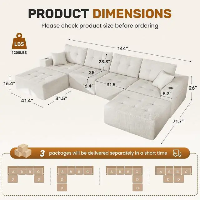 Alt view image 2 of 7 - 143" Modular Sectional Sofa for Living Room, Convertible U-Shape Couch with Ottoman, 6 Seater Modular Sectional Sofa,Beige Corduroy