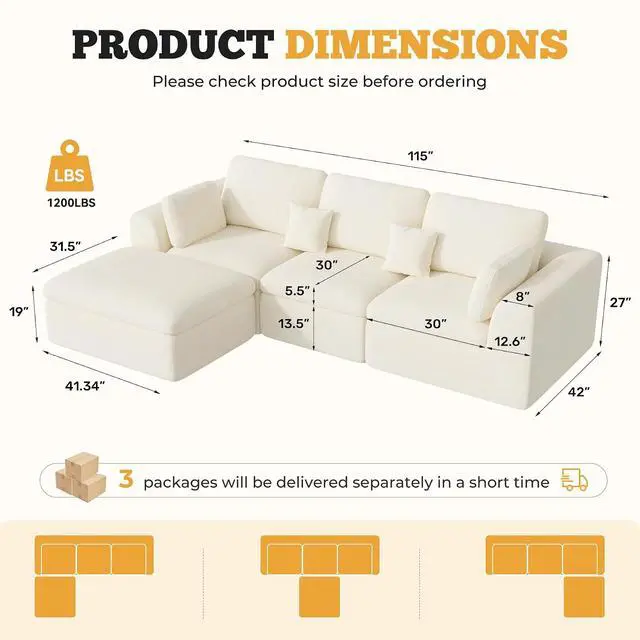 Alt view image 2 of 7 - 115" Cloud Boneless Sectional Couch, Deep Seat L Shaped Modular Couch with Ottoman, Oversized Upholstered Convertible 4 Seater Modular Sofa for Living Room,Black Chenille