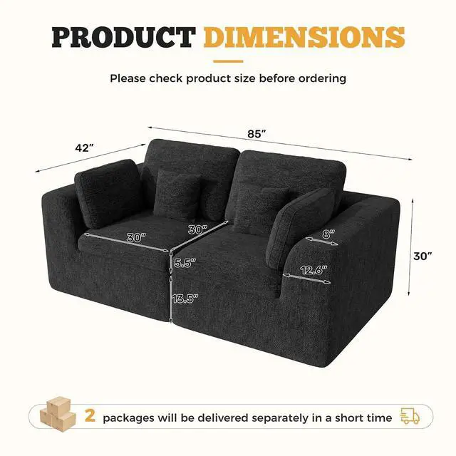 Alt view image 2 of 7 - 85'' Loveseat Sofa, Cloud Boneless Couches for Living Room, 2 Seater Modular Sectional Sofa,Oversized,Black Chenille