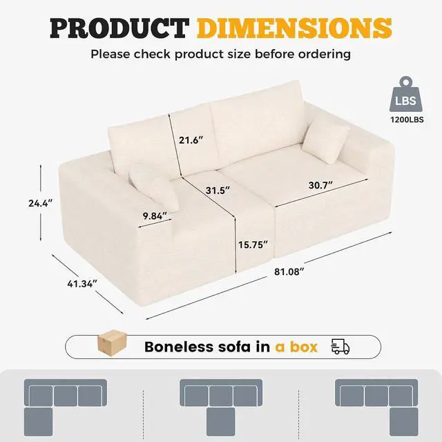 Alt view image 2 of 7 - 81" Cloud Loveseat Sofa in a Box, No Assembly Required Comfy Deep Seat Chenille Boneless Couch, Modern Small Couches for Living Room, Apartment, Beige