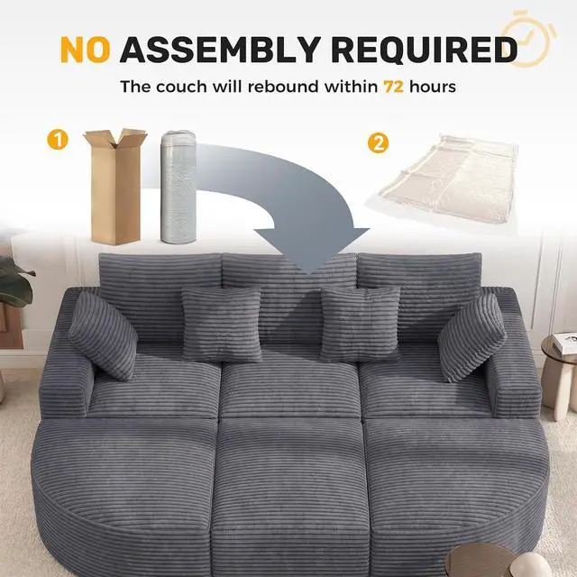 Alt view image 7 of 7 - 120" Oversized Round Sofa Bed, Modular Sectional Cloud Couches for Living Room, Convertible Corduroy Boneless Couch Sleeper Sofa Set, No Assembly Required, Grey 1 PCS