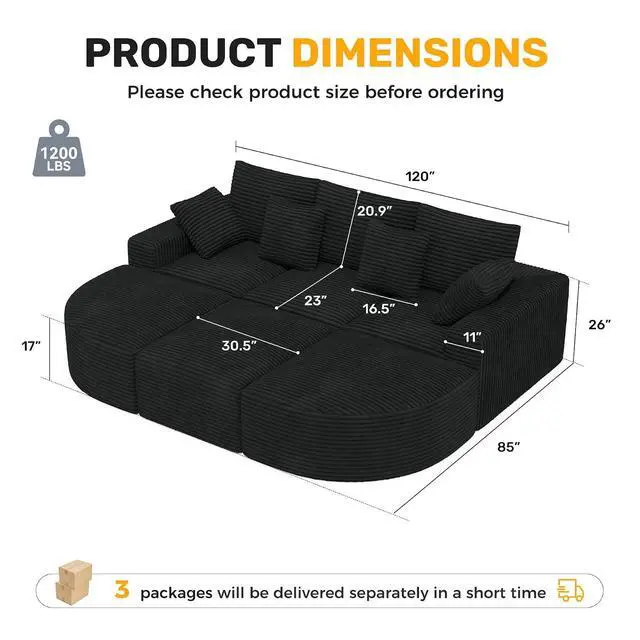 Alt view image 2 of 7 - 120" Oversized Round Sofa Bed, Modular Sectional Cloud Couches for Living Room, Convertible Corduroy Boneless Couch Sleeper Sofa Set, No Assembly Required, Black 1 PCS