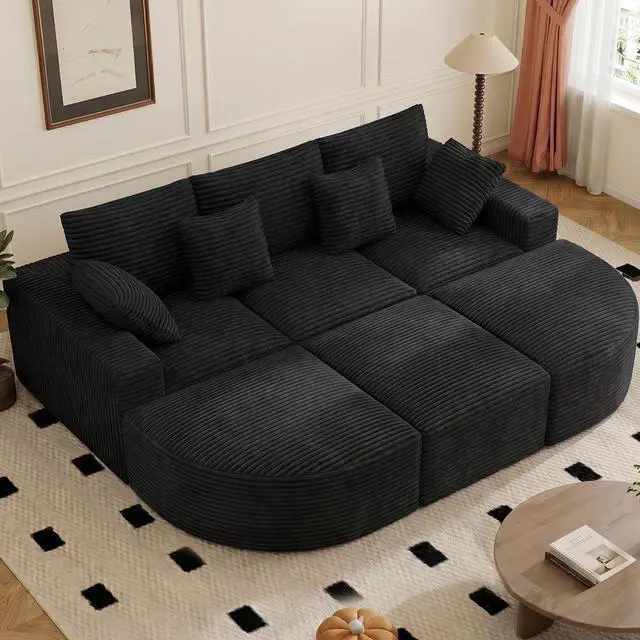 Main image of 120" Oversized Round Sofa Bed, Modular Sectional Cloud Couches for Living Room, Convertible Corduroy Boneless Couch Sleeper Sofa Set, No Assembly Required, Black 1 PCS
