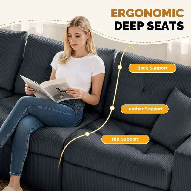 Alt view image 5 of 7 - 113" Modular Sectional Sofa for Living Room, Convertible L-Shape Couch with Ottoman,Cloud Boneless Couch with Layered Cushion,Gray Corduroy