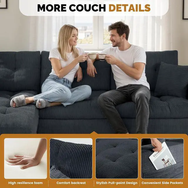 Alt view image 6 of 7 - 113" Modular Sectional Sofa for Living Room, Convertible L-Shape Couch with Ottoman,Cloud Boneless Couch with Layered Cushion,Gray Corduroy