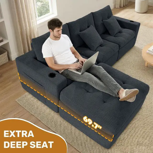 Alt view image 7 of 7 - 113" Modular Sectional Sofa for Living Room, Convertible L-Shape Couch with Ottoman,Cloud Boneless Couch with Layered Cushion,Gray Corduroy