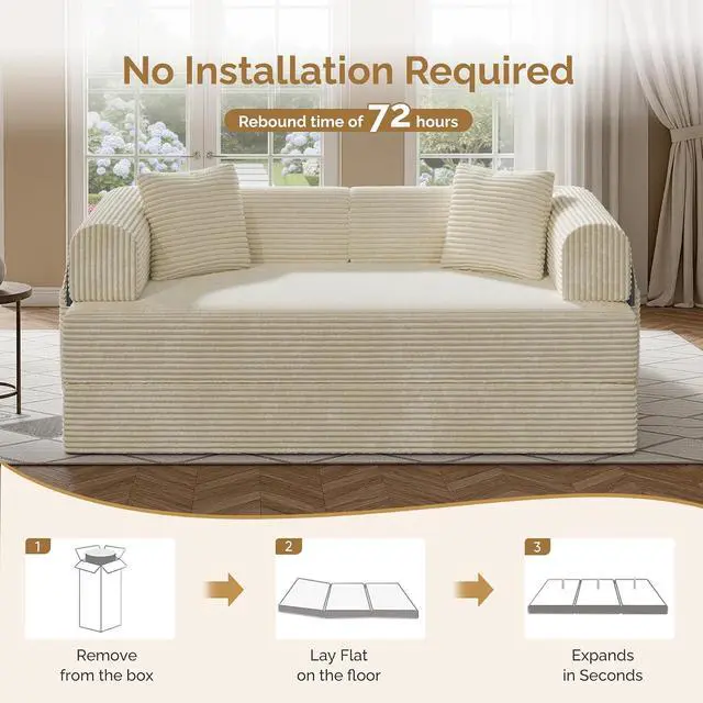 Alt view image 7 of 7 - Convertible Coarser Corduroy Sleeper Sofa Bed with Cylindrical Pillow, Folding Mattress Couch with Fixed-Shape Frame, Floor Sofa Lounge Couch for Living Room Bedroom Lounge Studio, Beige