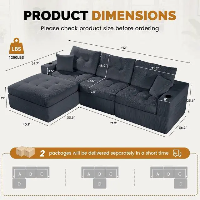 Alt view image 3 of 7 - 113" Modular Sectional Sofa for Living Room, Convertible L-Shape Couch with Ottoman,Cloud Boneless Couch with Layered Cushion,Gray Corduroy