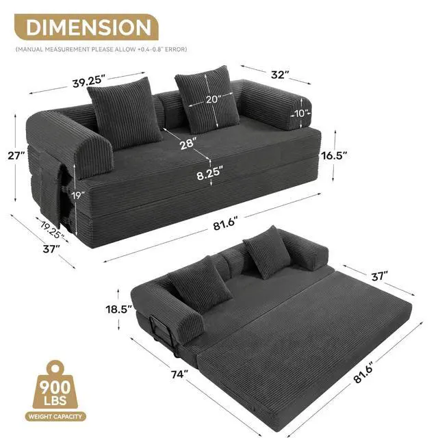 Alt view image 3 of 7 - Convertible Coarser Corduroy Sleeper Sofa Bed with Cylindrical Pillow, Folding Mattress Couch with Fixed-Shape Frame, Floor Sofa Lounge Couch for Living Room Bedroom Lounge Studio, Dark Grey