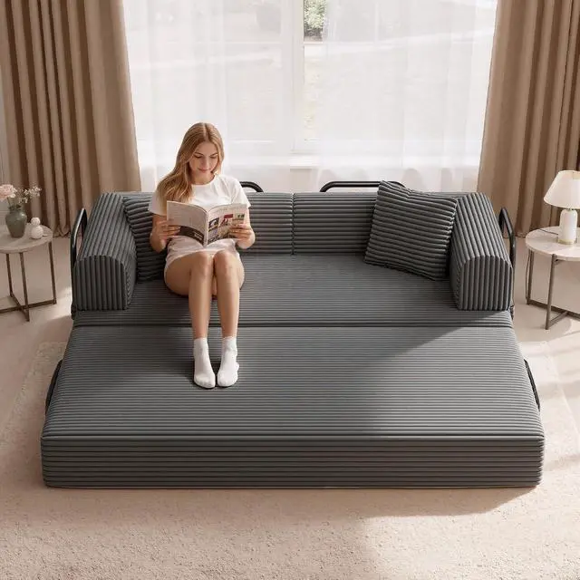 Alt view image 2 of 7 - Convertible Coarser Corduroy Sleeper Sofa Bed with Cylindrical Pillow, Folding Mattress Couch with Fixed-Shape Frame, Floor Sofa Lounge Couch for Living Room Bedroom Lounge Studio, Dark Grey