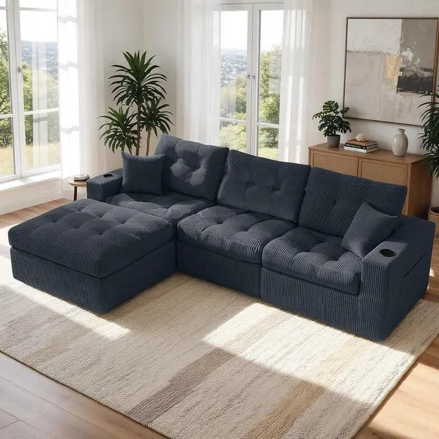 Alt view image 2 of 7 - 113" Modular Sectional Sofa for Living Room, Convertible L-Shape Couch with Ottoman,Cloud Boneless Couch with Layered Cushion,Gray Corduroy