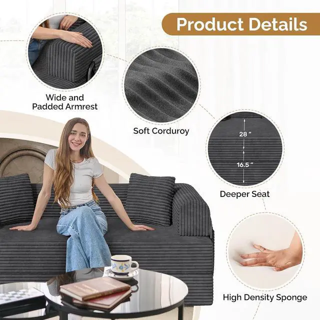 Alt view image 4 of 7 - Convertible Coarser Corduroy Sleeper Sofa Bed with Cylindrical Pillow, Folding Mattress Couch with Fixed-Shape Frame, Floor Sofa Lounge Couch for Living Room Bedroom Lounge Studio, Dark Grey
