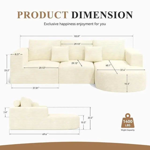 Alt view image 2 of 6 - L-Shaped Boneless Couch,104" Couches for Living Room with Curved Chaise,Modular Sectional Sofa with Deep Seat,Modern Cozy Cloud Compression Sofas,No Assembly Required(Beige) 1PCS