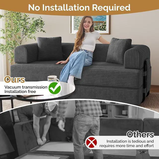 Alt view image 6 of 7 - Convertible Coarser Corduroy Sleeper Sofa Bed with Cylindrical Pillow, Folding Mattress Couch with Fixed-Shape Frame, Floor Sofa Lounge Couch for Living Room Bedroom Lounge Studio, Dark Grey