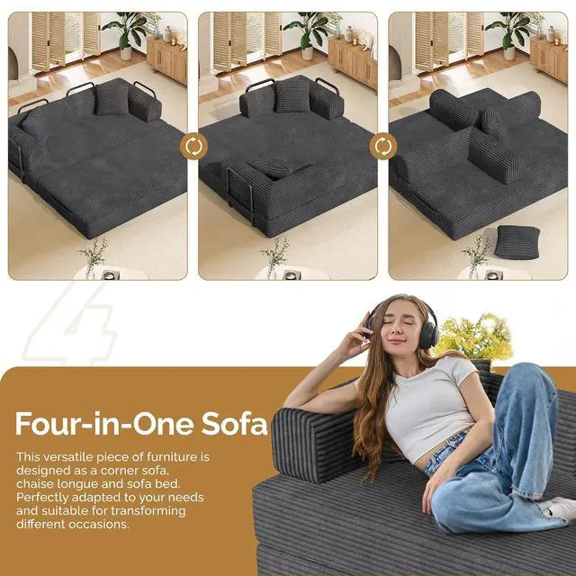 Alt view image 5 of 7 - Convertible Coarser Corduroy Sleeper Sofa Bed with Cylindrical Pillow, Folding Mattress Couch with Fixed-Shape Frame, Floor Sofa Lounge Couch for Living Room Bedroom Lounge Studio, Dark Grey
