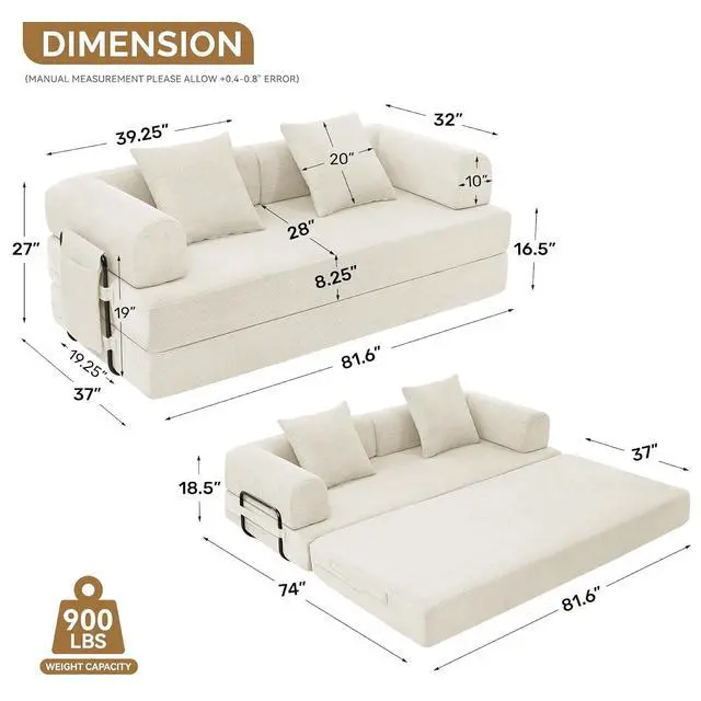 Alt view image 2 of 7 - Convertible Corduroy Sleeper Sofa Bed with Cylindrical Pillows,Convertible Mattress Sofa with Fixed Shape Frame, Living Room Bedroom Lounge Studio Use Floor Sofa Lounge,Beige
