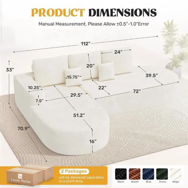 Alt view image 2 of 7 - 112" Modern Curved Cloud Couch, Boneless Couches for Living Room with Deep Seat, Memory Foam Compressed Modular Sectional Sofa, No Assembly Required,Beige 1 PCS