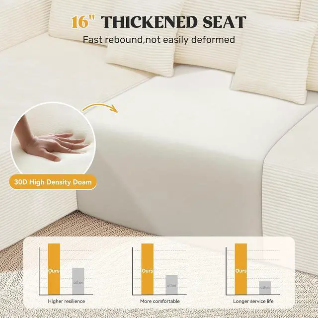 Alt view image 4 of 7 - 112" Modern Curved Cloud Couch, Boneless Couches for Living Room with Deep Seat, Memory Foam Compressed Modular Sectional Sofa, No Assembly Required,Beige 1 PCS