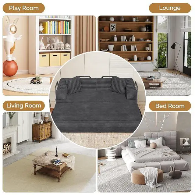 Alt view image 7 of 7 - Convertible Coarser Corduroy Sleeper Sofa Bed with Cylindrical Pillow, Folding Mattress Couch with Fixed-Shape Frame, Floor Sofa Lounge Couch for Living Room Bedroom Lounge Studio, Dark Grey