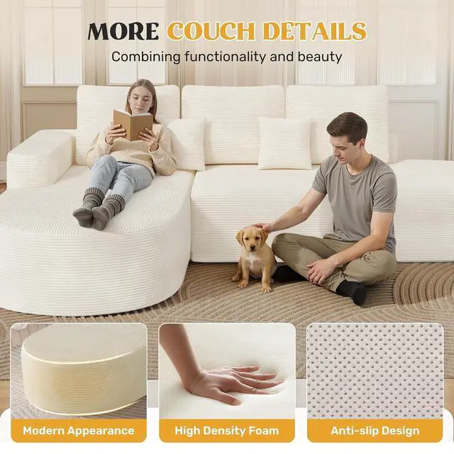 Alt view image 7 of 7 - 112" Modern Curved Cloud Couch, Boneless Couches for Living Room with Deep Seat, Memory Foam Compressed Modular Sectional Sofa, No Assembly Required,Beige 1 PCS