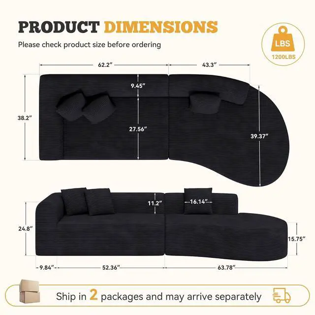 Alt view image 2 of 7 - 126" Modular Sectional Sofa, Modern Cloud Curved Couch with Deep Seat, Upholstered Oversized Couches for Living Room, No Assembly Required, Black Plush Corduroy Fabric,1 PCS