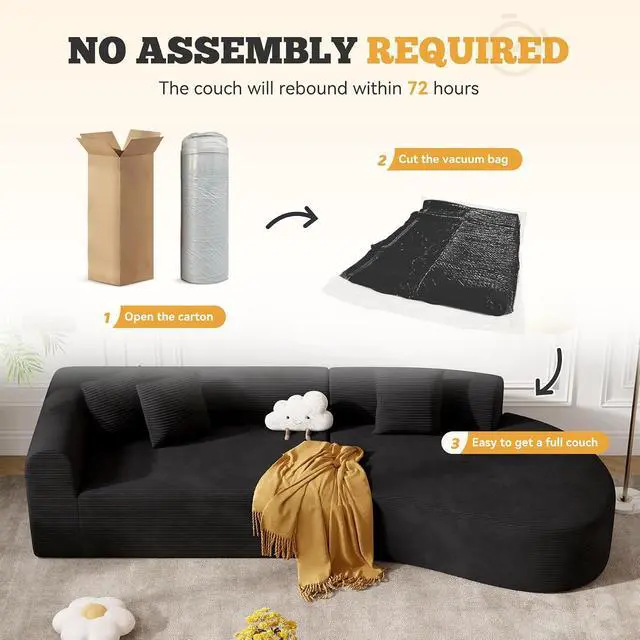 Alt view image 5 of 7 - 126" Modular Sectional Sofa, Modern Cloud Curved Couch with Deep Seat, Upholstered Oversized Couches for Living Room, No Assembly Required, Black Plush Corduroy Fabric,1 PCS