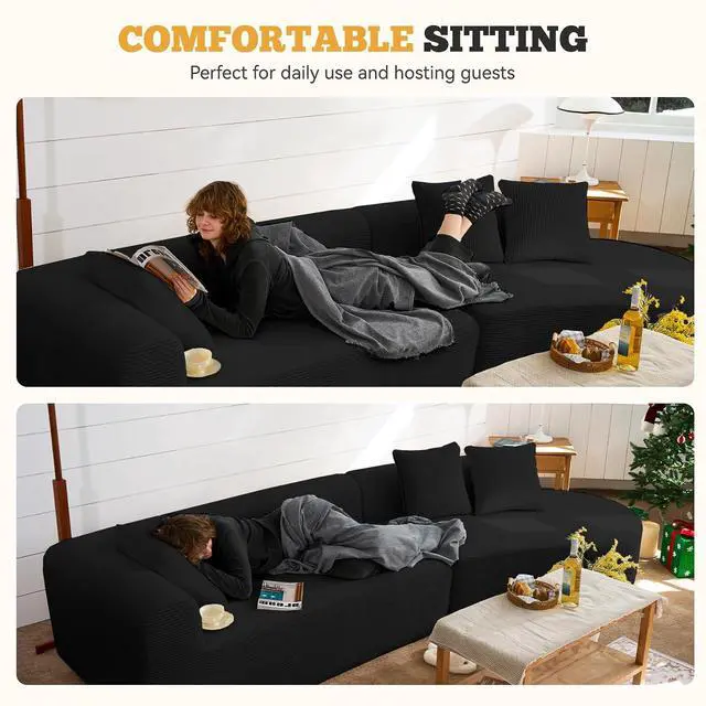 Alt view image 7 of 7 - 126" Modular Sectional Sofa, Modern Cloud Curved Couch with Deep Seat, Upholstered Oversized Couches for Living Room, No Assembly Required, Black Plush Corduroy Fabric,1 PCS