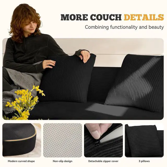Alt view image 6 of 7 - 126" Modular Sectional Sofa, Modern Cloud Curved Couch with Deep Seat, Upholstered Oversized Couches for Living Room, No Assembly Required, Black Plush Corduroy Fabric,1 PCS